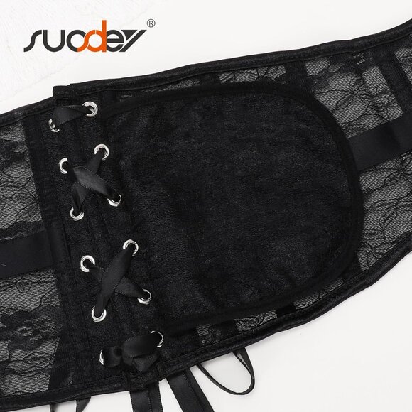 Women's Jacquard Corset Belt Lace Up Bustier Waspie Belt Renaissance Black Lace - Picture 6 of 6